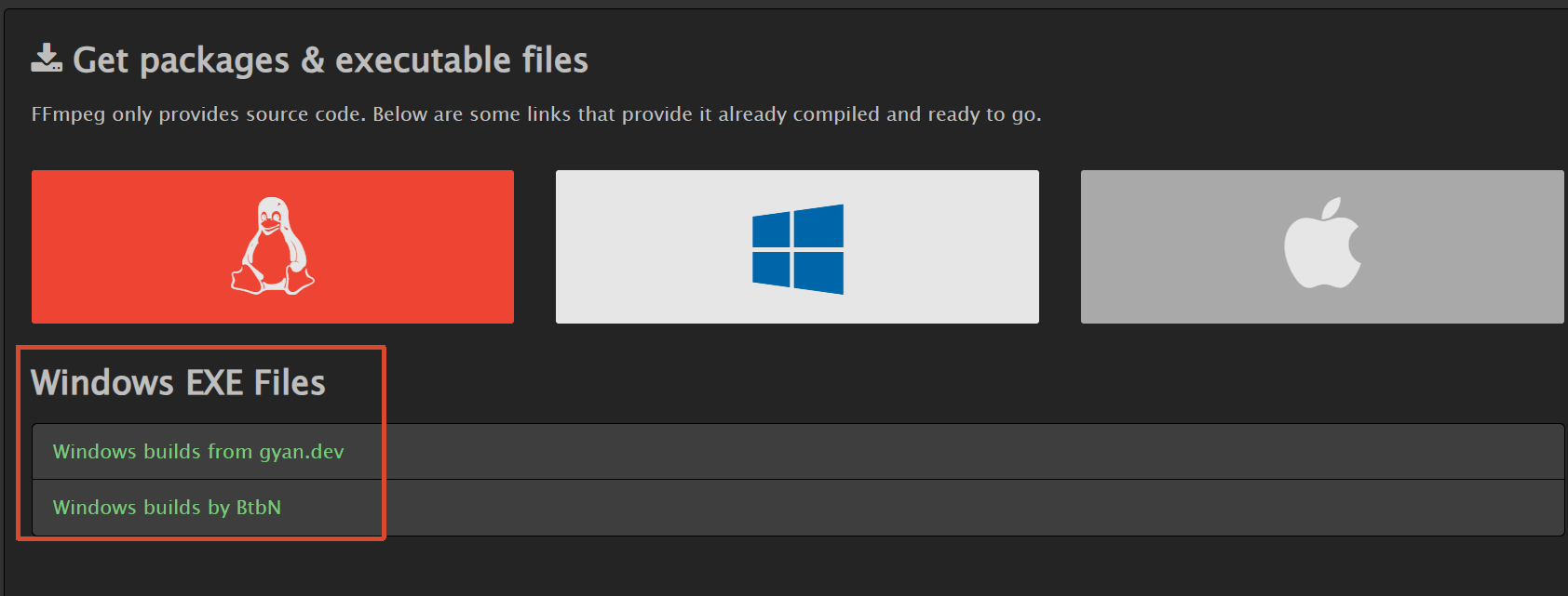 FFmpeg 下载页的 Windows 构建入口